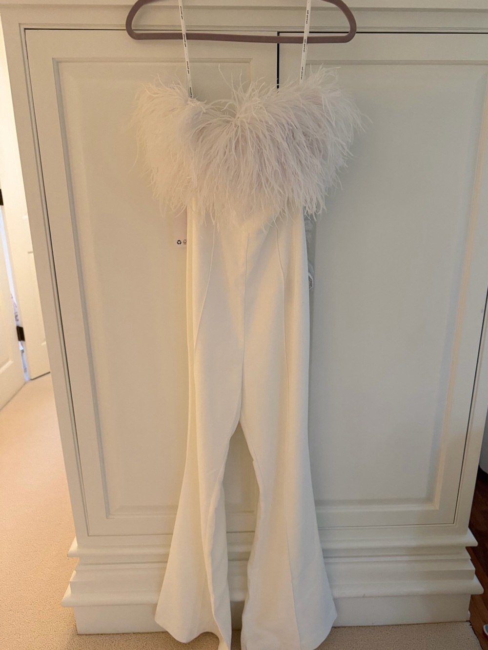 Self-Portrait White Feather-Trim Strapless Jumpsuit